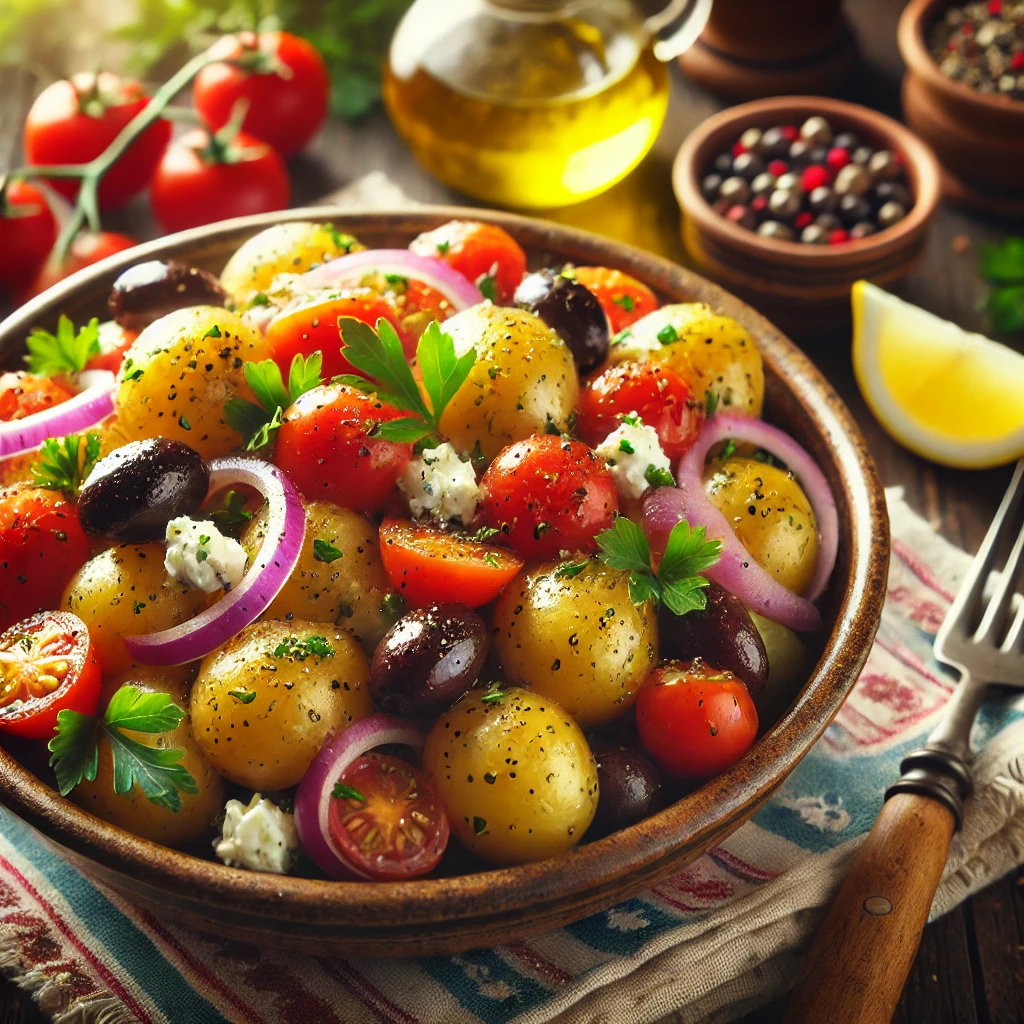 Tender baby potatoes tossed with cherry tomatoes, Kalamata olives, red onions, and crumbled feta cheese, coated in a zesty olive oil and lemon dressing, garnished with fresh parsley.