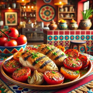 Mediterranean chicken breasts with roasted tomatoes, seasoned with fresh herbs, in a vibrant Mexican-style setting.