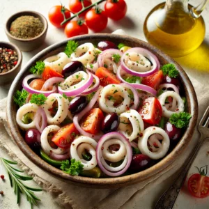 Authentic Mediterranean Calamari Salad featuring tender squid rings, grape tomatoes, red onions, Kalamata olives, and fresh parsley in a creamy mayonnaise and mustard dressing, presented with a vibrant Mediterranean flair.