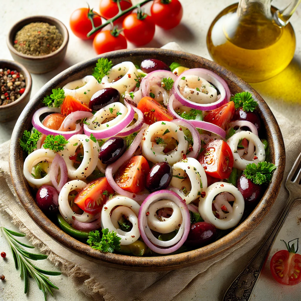Authentic Mediterranean Calamari Salad featuring tender squid rings, grape tomatoes, red onions, Kalamata olives, and fresh parsley in a creamy mayonnaise and mustard dressing, presented with a vibrant Mediterranean flair.