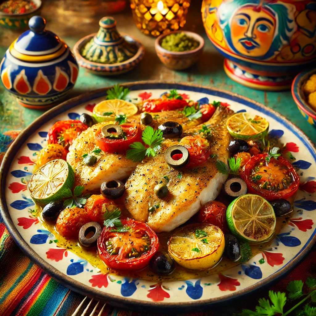 Mediterrane geroosterde snapperfilets, geserveerd op een kleurrijke schaal, gegarneerd met tomaten, zwarte olijven, citroen, kappertjes en verse kruiden.