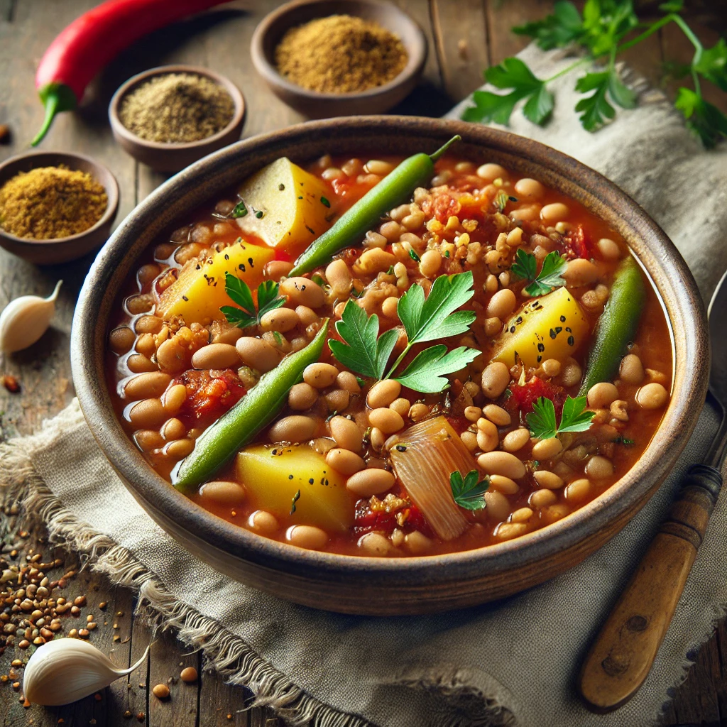 A rustic ceramic bowl of Israeli wheat berry stew sits on a wooden table. The stew is hearty and colorful, featuring tender wheat berries, great northern beans, halved potatoes, sliced onions, minced garlic, and green peppers, all simmered in a rich, spiced marinara broth. Garnished with fresh parsley and a light sprinkle of cumin, the dish is accompanied by a small loaf of crusty bread and a folded linen napkin. Fresh garlic cloves and green peppers are scattered around for added detail. Soft natural light highlights the vibrant colors and textures, creating a warm and inviting presentation.