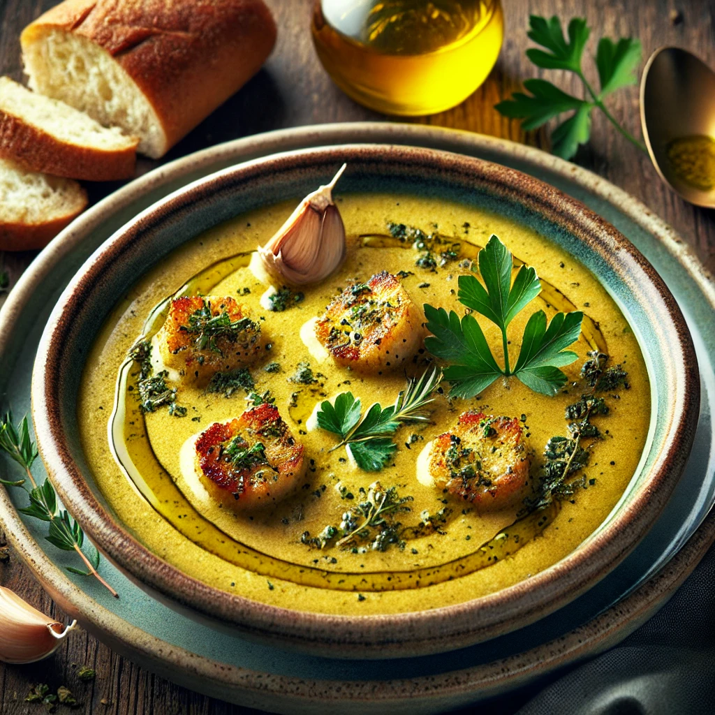 A beautifully plated bowl of Mediterranean Garlic Soup, featuring a creamy, golden broth infused with roasted garlic, olive oil, and aromatic herbs. The soup is served in a rustic ceramic bowl, garnished with freshly chopped parsley, a drizzle of extra virgin olive oil, and crispy croutons. The rich, velvety texture is complemented by the deep, savory aroma of garlic and herbs. Accompanied by a side of crusty artisan bread, the bowl rests on a wooden table with soft, natural lighting enhancing the warm and comforting presentation.