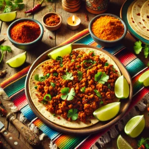 A plate of MexiMeat, a golden-brown plant-based crumble seasoned with Mexican spices, garnished with cilantro, served with soft tortillas, lime wedges, and salsa on a rustic wooden table.