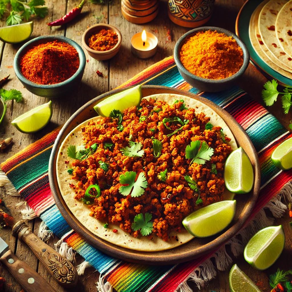 A plate of MexiMeat, a golden-brown plant-based crumble seasoned with Mexican spices, garnished with cilantro, served with soft tortillas, lime wedges, and salsa on a rustic wooden table.