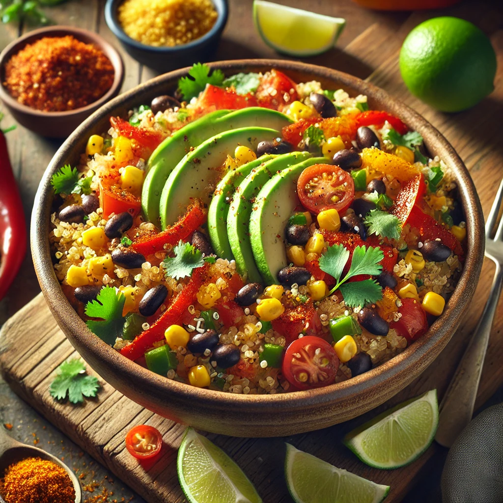 A bowl of MexiQuinoa with fluffy quinoa, black beans, corn, diced tomatoes, and bell peppers, garnished with cilantro, sliced avocado, and vegan cheese, served with lime wedges and salsa on a rustic wooden table.