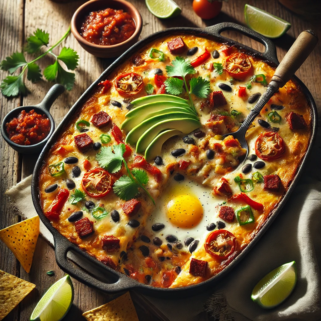 A rustic presentation of Mexican breakfast casserole, elegantly arranged on a wooden table. The casserole is baked to golden perfection in a cast-iron dish, featuring layers of eggs, chorizo, black beans, bell peppers, and melted cheese. Fresh cilantro, diced tomatoes, and avocado slices garnish the dish for a vibrant touch. A serving spoon rests inside, revealing the hearty layers. Scattered around are tortilla chips, lime wedges, and a small bowl of salsa. Soft natural lighting enhances the warm and inviting feel, with gentle shadows and a hint of rustic kitchen elements in the background.