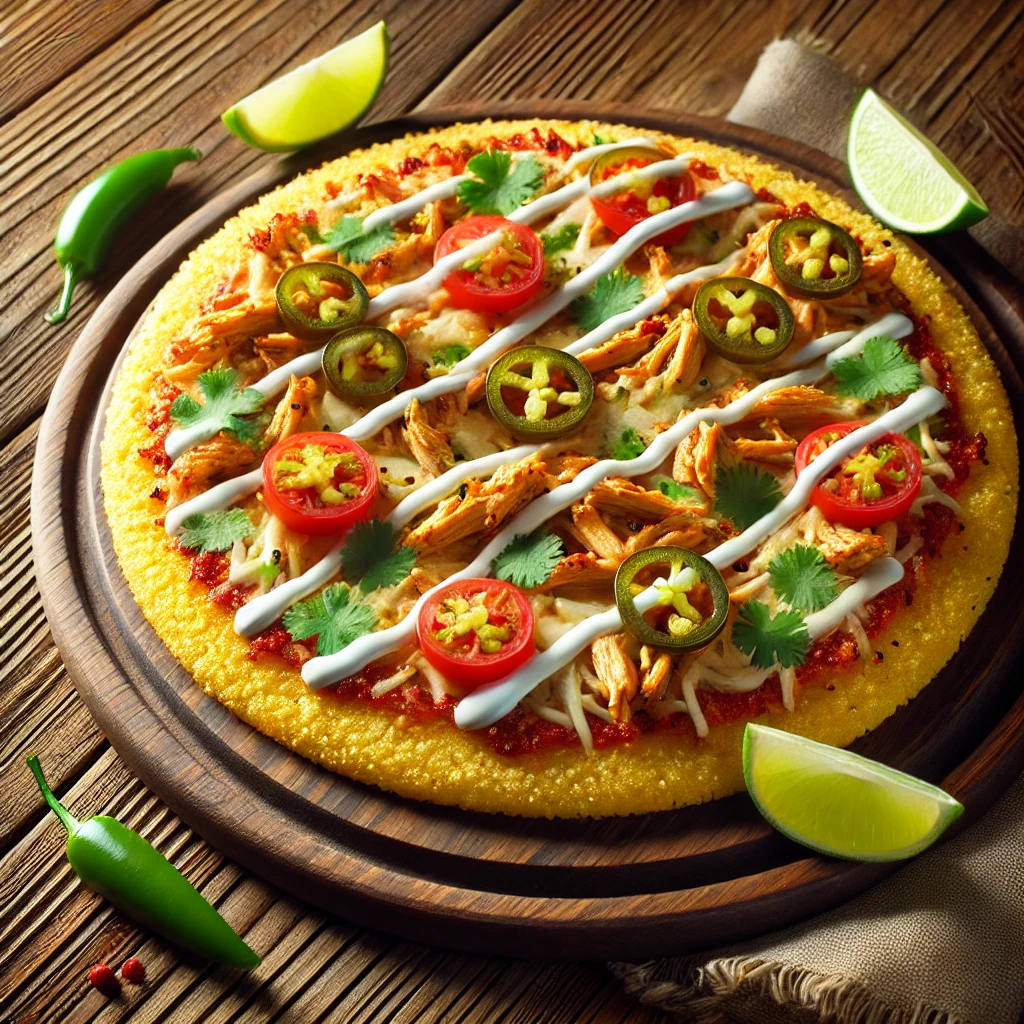 A beautifully plated Mexican Chicken Pizza with Cornmeal Crust served on a rustic wooden table. The pizza features a crispy golden cornmeal crust topped with seasoned shredded chicken, melted cheese, sliced jalapeños, and fresh cilantro. Garnished with diced tomatoes and a drizzle of sour cream. Arranged on a wooden pizza board with a side of lime wedges. The warm wooden table is more visible, providing a cozy and inviting setting.