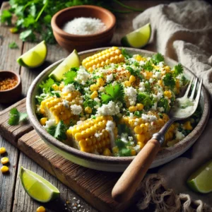 A bowl of Mexican corn salad with grilled corn kernels, creamy dressing, crumbled cotija cheese, fresh cilantro, and a hint of chili powder on a rustic wooden table. Lime wedges garnish the dish, with a serving spoon lifting a portion to reveal the fresh ingredients. A cozy napkin and wooden plate enhance the warm, inviting atmosphere.
