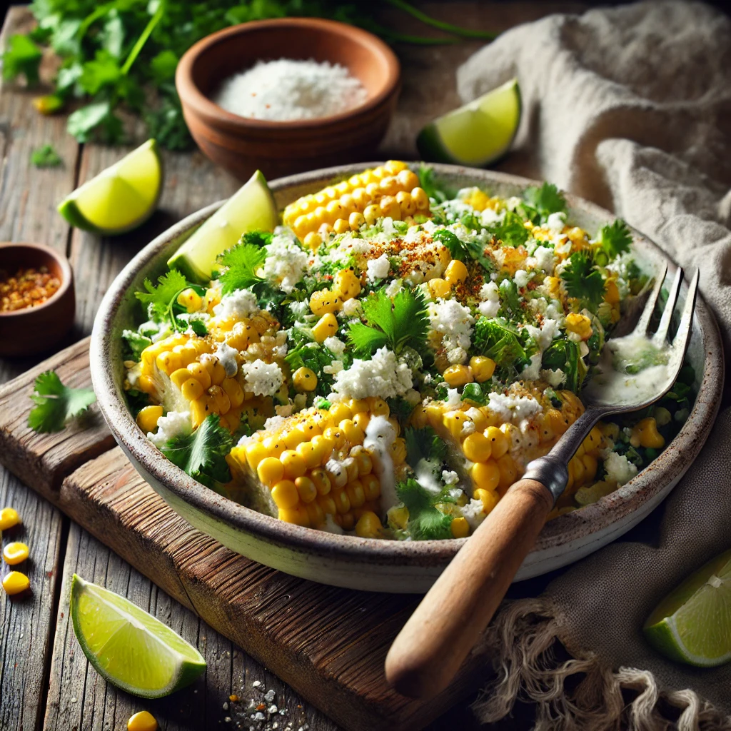 A bowl of Mexican corn salad with grilled corn kernels, creamy dressing, crumbled cotija cheese, fresh cilantro, and a hint of chili powder on a rustic wooden table. Lime wedges garnish the dish, with a serving spoon lifting a portion to reveal the fresh ingredients. A cozy napkin and wooden plate enhance the warm, inviting atmosphere.