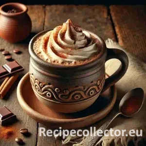 A rustic wooden table with a ceramic mug of Mexican hot mocha topped with non-dairy whipped cream, sprinkled with cinnamon and chili powder, surrounded by coffee beans and dark chocolate in cozy, warm lighting.