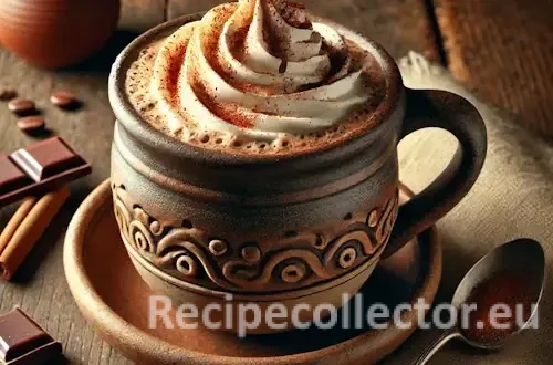 A rustic wooden table with a ceramic mug of Mexican hot mocha topped with non-dairy whipped cream, sprinkled with cinnamon and chili powder, surrounded by coffee beans and dark chocolate in cozy, warm lighting.