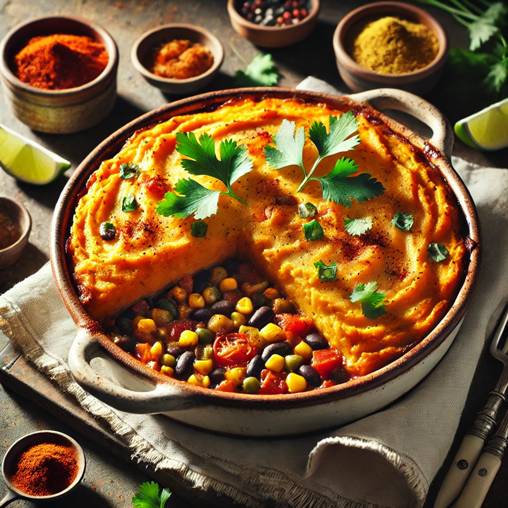 A rustic baking dish of Mexican-Inspired Vegan Shepherd’s Pie with spiced black beans, corn, and tomatoes, topped with golden mashed sweet potatoes, garnished with cilantro and paprika, set on a wooden table with salsa and lime wedges nearby.