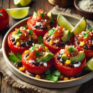 A beautifully plated serving of Mexican Plum-Tomato Cups served on a rustic wooden table. The dish features halved plum tomatoes hollowed out and filled with a flavorful mixture of black beans, corn, avocado, and finely chopped cilantro. Garnished with crumbled queso fresco and a drizzle of lime juice. Arranged on a white ceramic plate with a side of lime wedges. The warm wooden table is more visible, providing a cozy and inviting setting.