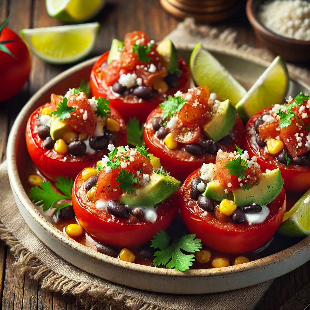 A beautifully plated serving of Mexican Plum-Tomato Cups served on a rustic wooden table. The dish features halved plum tomatoes hollowed out and filled with a flavorful mixture of black beans, corn, avocado, and finely chopped cilantro. Garnished with crumbled queso fresco and a drizzle of lime juice. Arranged on a white ceramic plate with a side of lime wedges. The warm wooden table is more visible, providing a cozy and inviting setting.