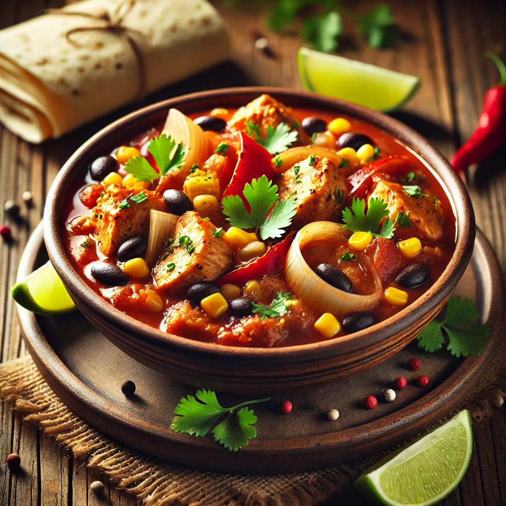 A beautifully plated dish of Mexican Style Chicken Stew served on a rustic wooden table. The dish features tender chunks of chicken simmered in a rich, mildly spicy tomato-based broth with bell peppers, onions, corn, and black beans. Garnished with fresh cilantro and lime wedges. Served in a rustic ceramic bowl with a side of warm tortillas. The warm wooden table and softly blurred background enhance the inviting and authentic Mexican-inspired presentation.