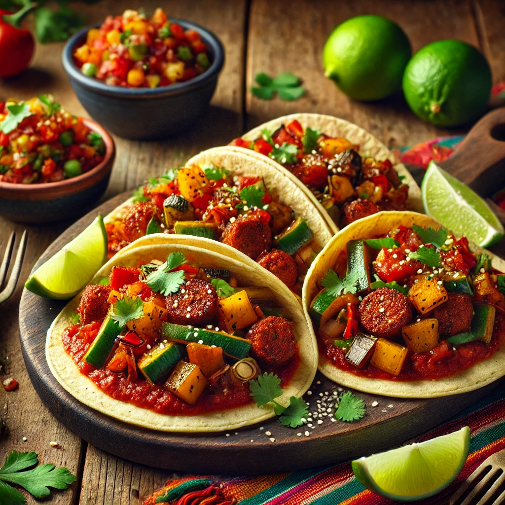 Soft corn tortillas filled with spicy vegan chorizo, topped with roasted vegetable salsa, cilantro, lime wedges, and vegan cheese, served on a wooden plate with salsa and lime in the background.