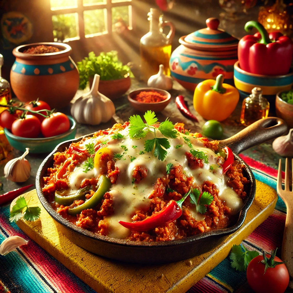 A rustic ceramic skillet filled with Mexican-style ground pork cooked with roasted chili peppers and red bell pepper, topped with melted cheese and fresh cilantro. The dish showcases vibrant colors—bright reds, greens, and golden tones. It’s set in a warm, Mexican-inspired kitchen with colorful tiles, pottery, and natural sunlight. Fresh ingredients like garlic, tomatoes, and shallots surround the skillet, enhancing the authentic, inviting scene.