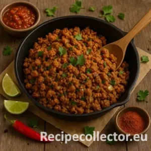 Spiced TVP crumbles served in a cast iron skillet, garnished with cilantro and surrounded by lime wedges, chili powder, a red chili pepper, and a bowl of tomato salsa on a rustic wooden table.