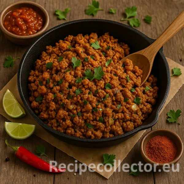 Spiced TVP crumbles served in a cast iron skillet, garnished with cilantro and surrounded by lime wedges, chili powder, a red chili pepper, and a bowl of tomato salsa on a rustic wooden table.