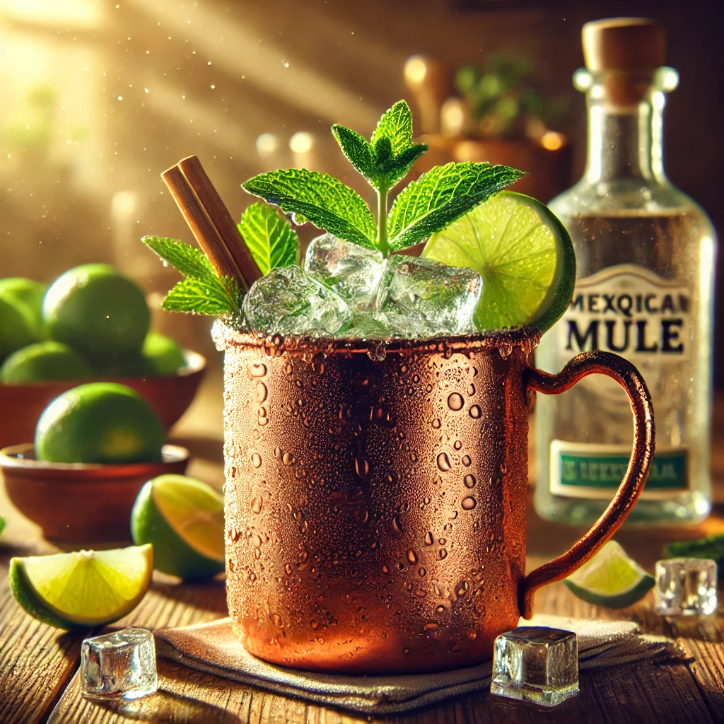 A refreshing Mexican Tequila Mule cocktail served in a copper mug, garnished with lime slices and a sprig of mint, sitting on a rustic wooden table. A bottle of tequila and a small bowl of limes are blurred in the background, illuminated by warm, golden sunlight.