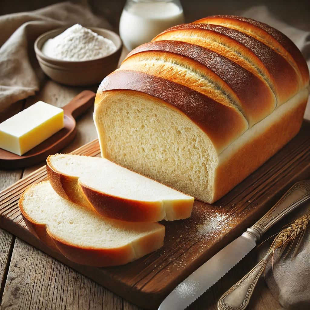 A freshly baked milk loaf on a rustic wooden table, featuring a soft, golden-brown crust with a smooth, slightly glossy surface. A few slices are cut to reveal the light, fluffy interior with a delicate crumb. The loaf rests on a wooden cutting board, accompanied by a butter knife, a small dish of butter, and scattered flour for a homemade touch. Soft natural lighting enhances the warm, inviting tones.