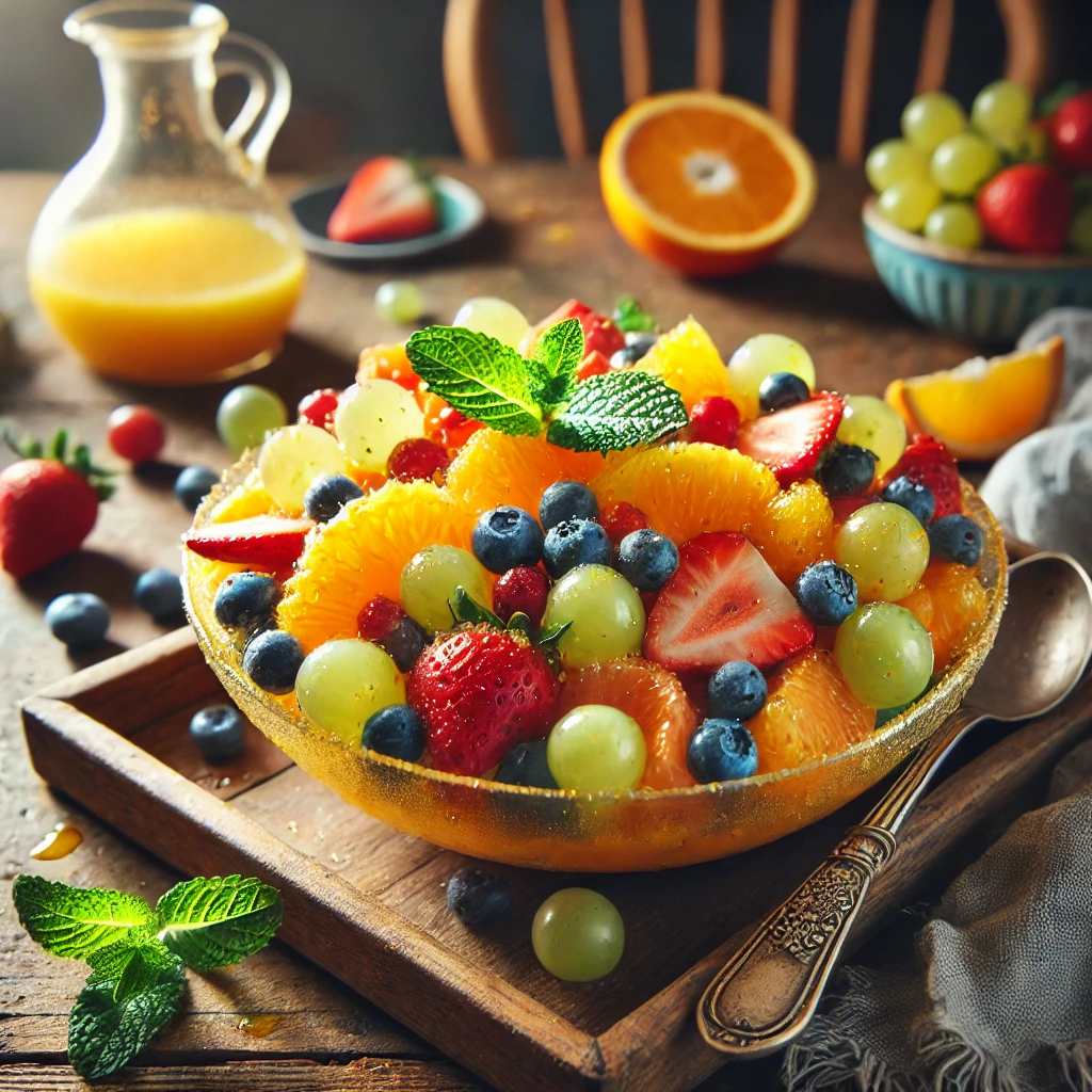 A bowl of mimosa fruit salad with fresh oranges, strawberries, blueberries, and grapes, lightly tossed in a champagne citrus dressing on a rustic wooden table. Garnished with mint leaves, with a serving spoon lifting a portion to showcase the juicy fruit. A cozy napkin and wooden plate enhance the warm, inviting atmosphere.