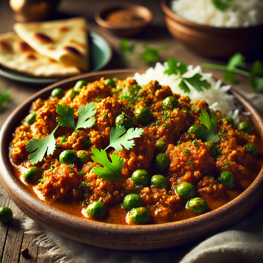 A beautifully plated dish of Minced Chicken with Peas, featuring tender, spiced ground chicken cooked with green peas in a rich, aromatic sauce. The dish has a golden-brown hue with hints of cumin, turmeric, and garam masala. Garnished with fresh coriander, it is served in a rustic ceramic bowl. Accompanied by a side of warm naan and basmati rice, the bowl rests on a wooden table, with soft, warm lighting enhancing the inviting and flavorful presentation.
