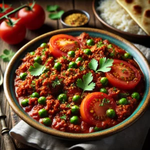 A beautifully plated dish of Minced Lamb with Tomatoes and Peas, featuring tender, spiced ground lamb cooked with juicy tomatoes and vibrant green peas. The dish has a rich, deep red color with hints of cumin, coriander, and garam masala. Garnished with fresh coriander, it is served in a rustic ceramic bowl. Accompanied by a side of fragrant basmati rice and warm naan, the bowl rests on a wooden table, with soft, warm lighting enhancing the inviting and flavorful presentation.