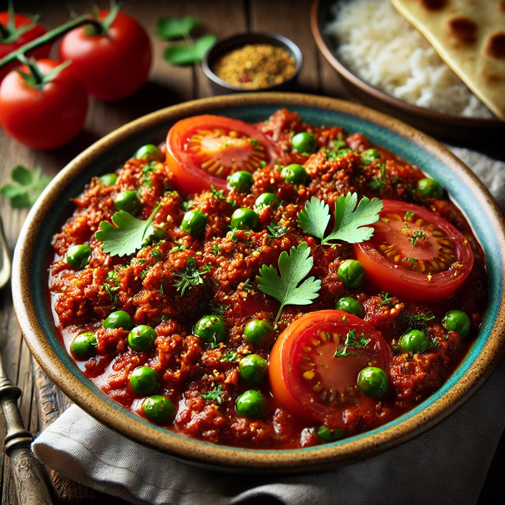 A beautifully plated dish of Minced Lamb with Tomatoes and Peas, featuring tender, spiced ground lamb cooked with juicy tomatoes and vibrant green peas. The dish has a rich, deep red color with hints of cumin, coriander, and garam masala. Garnished with fresh coriander, it is served in a rustic ceramic bowl. Accompanied by a side of fragrant basmati rice and warm naan, the bowl rests on a wooden table, with soft, warm lighting enhancing the inviting and flavorful presentation.