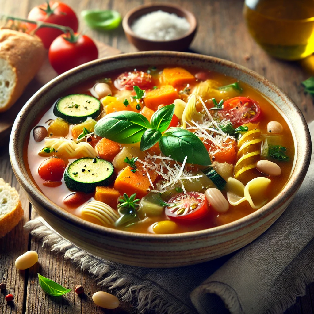 A beautifully plated bowl of Minestrone soup, featuring a rich, tomato-based broth filled with vibrant vegetables, tender pasta, and hearty beans. The soup is served in a rustic ceramic bowl, garnished with freshly grated Parmesan cheese, chopped basil, and a drizzle of olive oil. The colorful mix of zucchini, carrots, celery, and tomatoes contrasts with the golden broth. Accompanied by a slice of crusty Italian bread on the side, the bowl rests on a wooden table with soft, natural lighting enhancing the warm and comforting presentation.