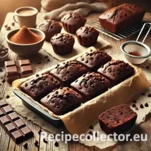 A cozy holiday scene with several mini chocolate chip loaves on parchment paper and a baking tray, set on a rustic wooden table with a cooling rack, chocolate chips, cocoa powder, and a warm cup of coffee.