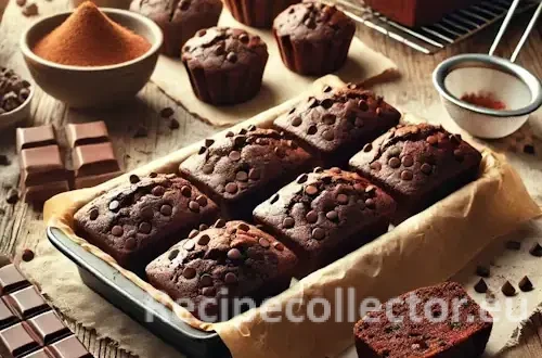 A cozy holiday scene with several mini chocolate chip loaves on parchment paper and a baking tray, set on a rustic wooden table with a cooling rack, chocolate chips, cocoa powder, and a warm cup of coffee.