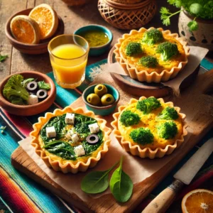 A vibrant and appetizing scene featuring Mini Phyllo-Crust Quiches in two variations: Mediterranean with spinach, feta, and olives, and Broccoli Cheddar with fresh broccoli and melted cheddar cheese. The golden-brown quiches are served on a rustic plate, accompanied by a colorful Mexican-style tablecloth, a small dish of herbs, a glass of orange juice, and a knife, illuminated by bright natural light to enhance the fresh and inviting appeal.