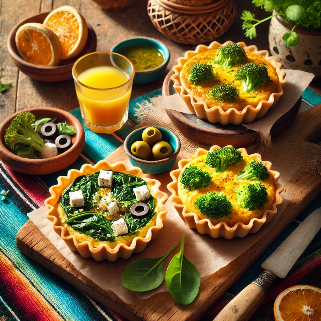 A vibrant and appetizing scene featuring Mini Phyllo-Crust Quiches in two variations: Mediterranean with spinach, feta, and olives, and Broccoli Cheddar with fresh broccoli and melted cheddar cheese. The golden-brown quiches are served on a rustic plate, accompanied by a colorful Mexican-style tablecloth, a small dish of herbs, a glass of orange juice, and a knife, illuminated by bright natural light to enhance the fresh and inviting appeal.