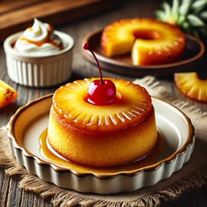 A beautifully plated Mini Pineapple Upside-Down Cake served on a rustic wooden table. The cake features a caramelized pineapple ring with a cherry in the center, sitting atop a moist, golden sponge cake. Glazed with a light caramel drizzle and arranged on a white ceramic plate. Served with a side of whipped cream and fresh pineapple slices. The warm wooden table is more visible, providing a cozy and inviting setting.