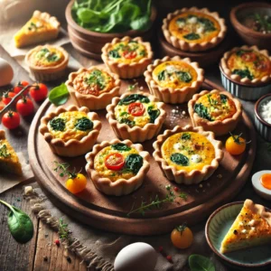 A rustic presentation of mini quiche boats, elegantly arranged on a wooden table. The quiches are baked in small, golden, flaky pastry shells and filled with a creamy egg mixture, cheese, and fresh vegetables like spinach, cherry tomatoes, and bell peppers. Some are garnished with crumbled feta and fresh herbs. A few quiche boats are placed on a wooden cutting board, while others rest on small plates. Scattered around are extra ingredients like eggs, cheese, and fresh herbs. Soft natural lighting enhances the warm and inviting feel, with gentle shadows and a hint of rustic kitchen charm in the background.