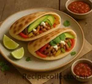 A plate with two soft pita pockets filled with mini seitan bites, avocado slices, colorful bell peppers, cilantro, and a drizzle of white sauce. Lime wedges and salsa bowls are placed around the plate on a rustic wooden table.