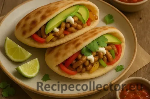 A plate with two soft pita pockets filled with mini seitan bites, avocado slices, colorful bell peppers, cilantro, and a drizzle of white sauce. Lime wedges and salsa bowls are placed around the plate on a rustic wooden table.