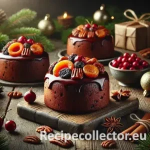 Photorealistic image of individual mini spiced brandy fruitcakes topped with dried fruit and nuts, arranged on a wooden table with soft holiday decor.