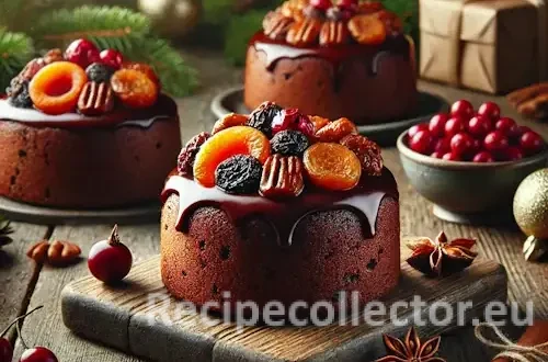 Photorealistic image of individual mini spiced brandy fruitcakes topped with dried fruit and nuts, arranged on a wooden table with soft holiday decor.
