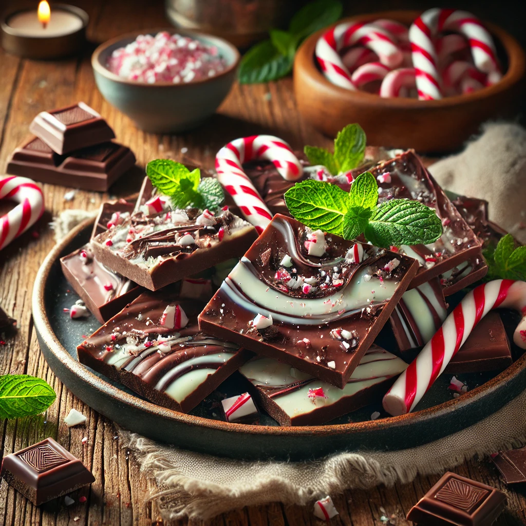 A plate of mint chocolate bark with a dark chocolate base swirled with white chocolate infused with peppermint, topped with crushed candy canes and chocolate shavings on a rustic wooden table. Some pieces are broken apart to showcase the crisp, layered texture, with mint leaves scattered around. A cozy napkin and wooden plate enhance the warm, inviting atmosphere.