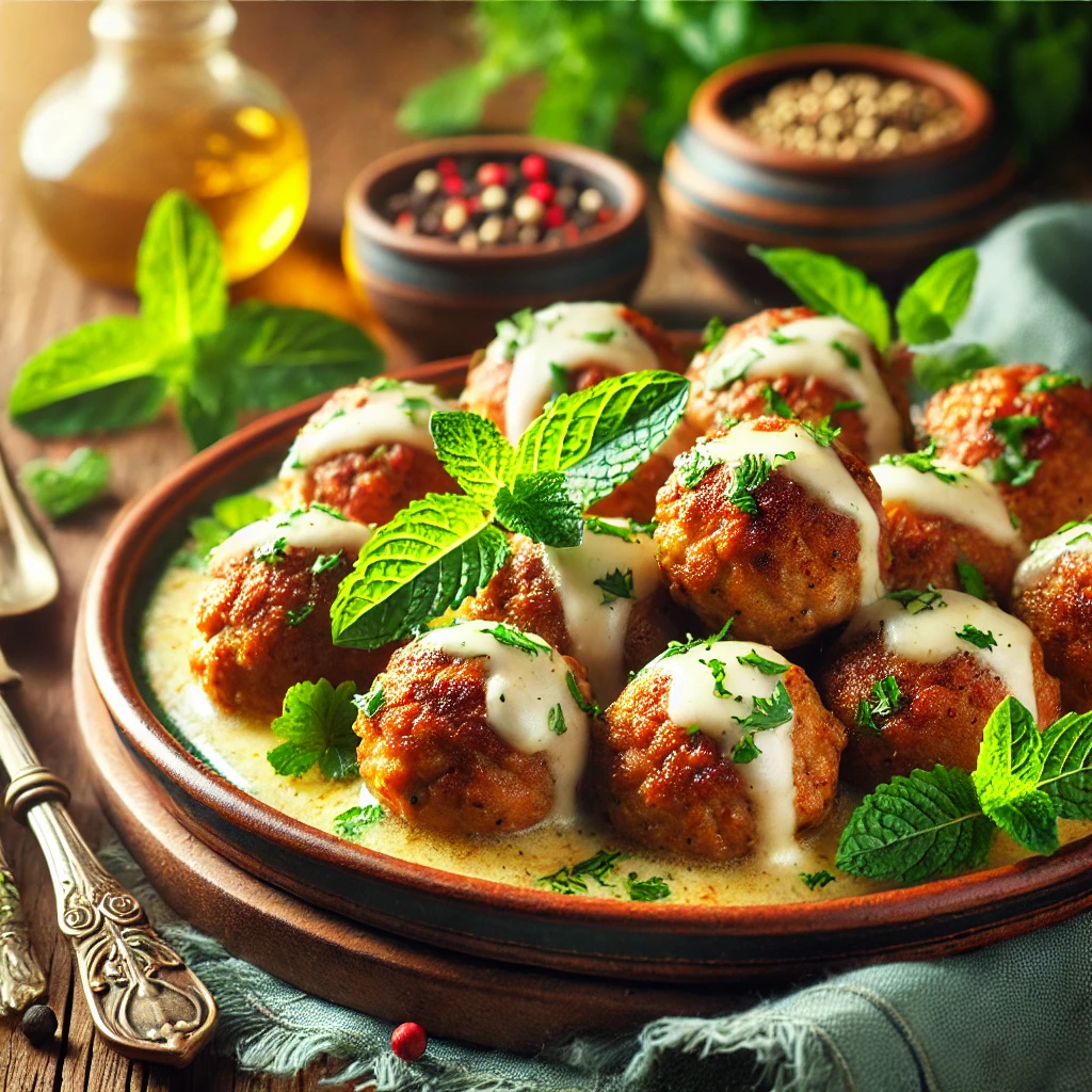 Golden-brown meatballs made with ground pork and beef, seasoned with mint, coriander, cumin, and fennel seeds, topped with melted mozzarella cheese. The meatballs are arranged on an elegant ceramic platter, garnished with fresh mint and coriander leaves. The scene features a cozy dining setup with rustic wooden table elements and warm natural lighting.