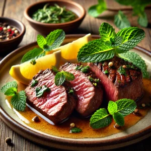 A beautifully plated Minty Tender Filet Mignon, featuring juicy, perfectly roasted steak slices drizzled with a vibrant lemon-mint marinade. The dish is garnished with fresh mint leaves and presented on a rustic ceramic plate. The setup includes a wooden table, small bowls of marinade ingredients, and soft natural lighting, highlighting the rich textures and elegant appeal of the meal.
