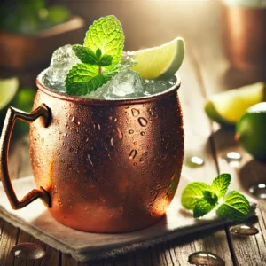 A beautifully crafted Mint Moscow Mule cocktail served in a traditional copper mug filled with ice, garnished with fresh mint leaves and a lime wedge. The mug sits on a rustic wooden table with soft, natural lighting, creating a cozy and inviting atmosphere.