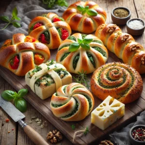 A variety of freshly baked mixed rolls on a rustic wooden table, featuring three different flavors: red and green peppers with onions, Stilton cheese with walnuts, and Brie with basil. Each roll has a unique shape, some with a cross-cut top, others tied in a knot, and some with a spiral design. The rolls rest on a wooden cutting board, with scattered fresh herbs, crumbled cheese, and chopped nuts nearby. Soft natural lighting enhances the warm, inviting tones.