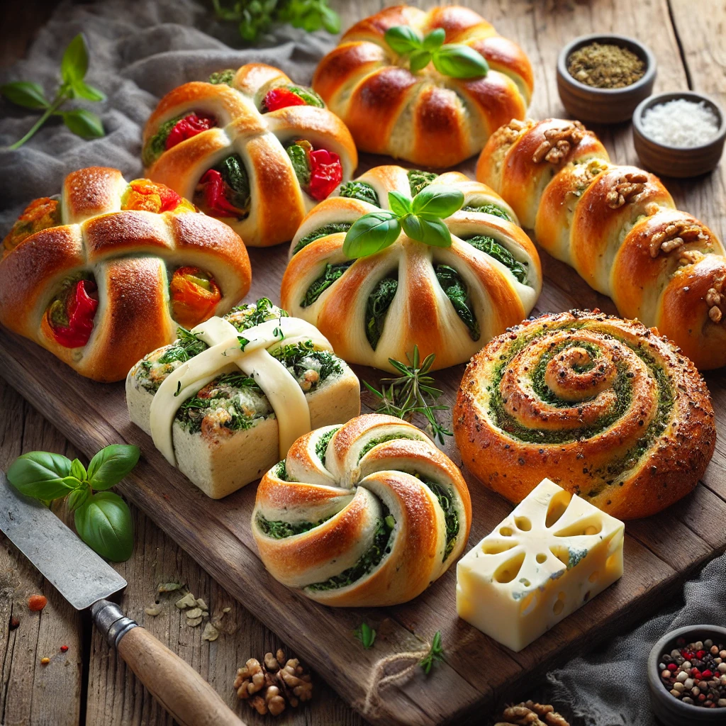 A variety of freshly baked mixed rolls on a rustic wooden table, featuring three different flavors: red and green peppers with onions, Stilton cheese with walnuts, and Brie with basil. Each roll has a unique shape, some with a cross-cut top, others tied in a knot, and some with a spiral design. The rolls rest on a wooden cutting board, with scattered fresh herbs, crumbled cheese, and chopped nuts nearby. Soft natural lighting enhances the warm, inviting tones.