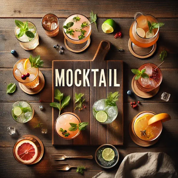 A rustic flat lay of colorful mocktails on a medium-dark wooden table with horizontal planks. The drinks include a mojito mocktail with mint and lime, a berry mocktail, and a citrus-based mocktail with garnishes. At the top, the word 'MOCKTAIL' is written in large cream-colored serif letters, centered and clearly visible.