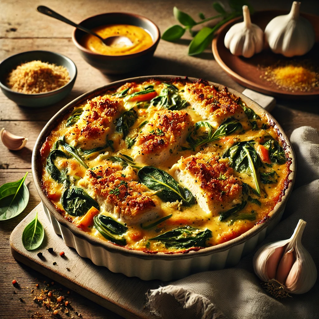 A stylish chicken casserole featuring tender chicken in a creamy sauce, layered with fresh vegetables and topped with a crispy golden panko crust, garnished with fresh herbs.