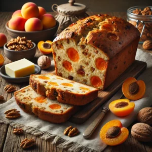 A loaf of freshly baked apricot nut bread sits on a rustic wooden table. The bread is golden brown with visible chunks of dried apricots and walnuts throughout. Slices of the bread are arranged neatly beside the loaf, revealing the moist interior. A small dish of butter and a folded linen napkin accompany the setup, with fresh apricots and walnuts scattered around for added detail. Soft natural light highlights the bread’s warm, inviting texture and colors, creating a cozy, homemade atmosphere.
